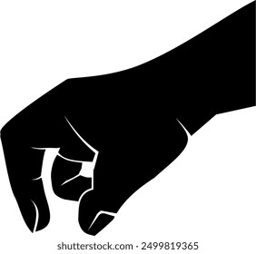 A black and white illustration of a hand making a "pinching" gesture, with fingers and thumb close together, isolated on white background	