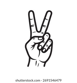 Eine schwarz-weiße Illustration einer Hand, die das Friedenszeichen mit zwei erhobenen Fingern macht.