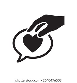 A black and white illustration of a hand placing a heart inside a speech bubble graphic element	