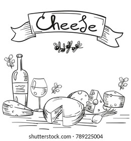 Black and white illustration hand-drawn cheese and wine. Food and wine on the background