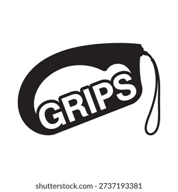 Black and white illustration of a handheld device with the word grips