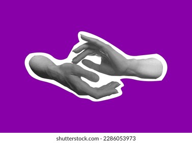 Black and white illustration of hands. Carved on a bright background. Modern collage elements. Purple background. Touch with your hands. Touch with fingertips