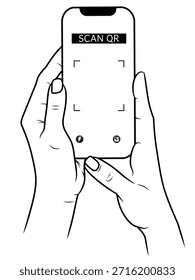Ilustração em preto e branco de mãos digitalizando o código QR na tela do smartphone. Ideal para projetos de interface digital, de aplicativos e de tecnologia