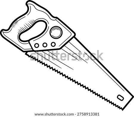 A black and white illustration of a handsaw with a comfortable grip