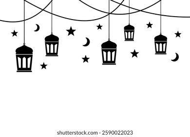Black and white illustration of hanging lanterns with stars and crescent moon, symbolizing the holy month of Ramadan. 