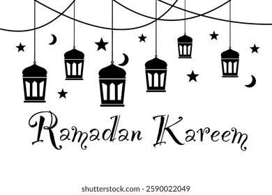 Black and white illustration of hanging lanterns with stars and crescent moon, symbolizing the holy month of Ramadan. Includes the text 'Ramadan Kareem' as a festive greeting.