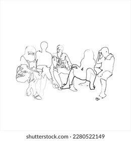 Black and white illustration of hanging out with friends while chatting