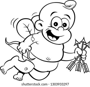 Black and white illustration of happy baby cupid with a bow and arrows.