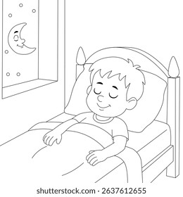 Black and white illustration of a happy boy sleeping in bed at night. Cartoon coloring page with moon smiling through the window. Bedtime scene for kids