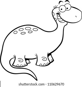 Black and white illustration of a happy brontosaurus