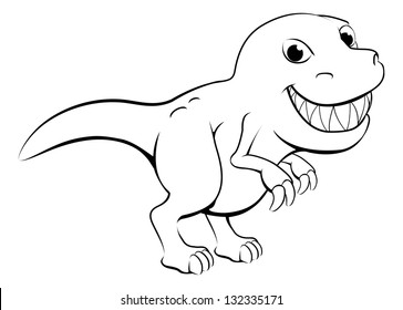 Black and white illustration of a happy cartoon t rex dinosaur