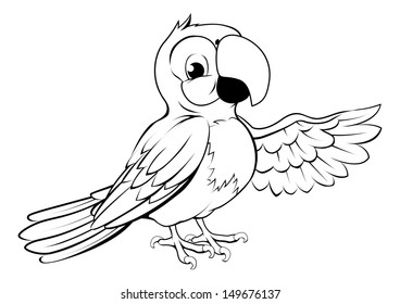 Black   white illustration happy cartoon parrot pointing its wing