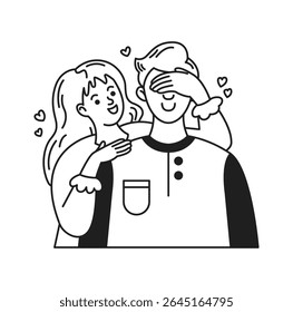 Black and white illustration of a happy couple. Woman playfully covers mans eyes. Hearts surround them. Simple and charming style perfect for romantic themes.