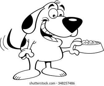 Black and white illustration of a happy dog holding a dog food dish.