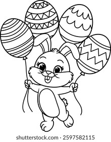 A black and white illustration of a happy Easter bunny holding four balloons in the shape of Easter eggs