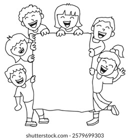 Black and white illustration of a happy kids holding a blank sign.