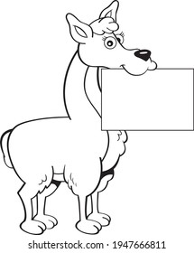 Black and white illustration of a happy llama holding a sign in it's mouth.