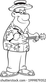 Black and white illustration of a happy man playing a ukulele.