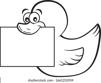 Black and white illustration of a happy rubber duck holding a sign in his beak.