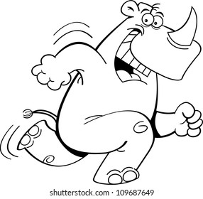 Black and white illustration of a happy running rhinoceros