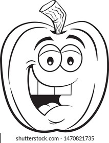 Black and white illustration of a happy smiling pumpkin.
