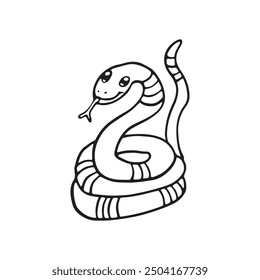  A black and white illustration of a happy snake coiled up with friendly expression. This image is ideal for educational content, children's books, or as coloring activity for kids learning reptiles.