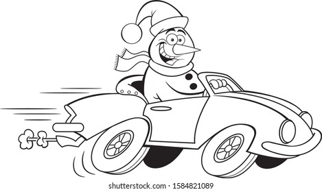 Black and white illustration of a happy snowman driving a sports car.