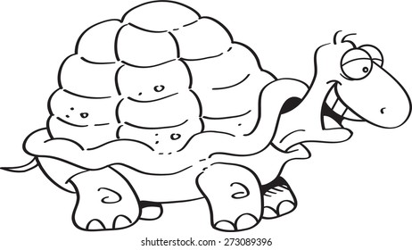 Black and white illustration of a happy turtle.