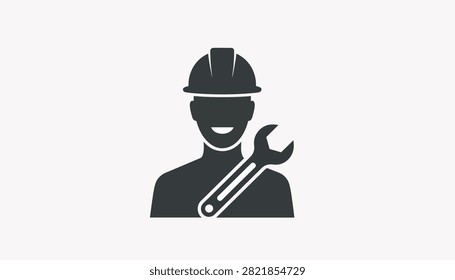 Black and white illustration of a happy worker wearing a helmet holding a wrench