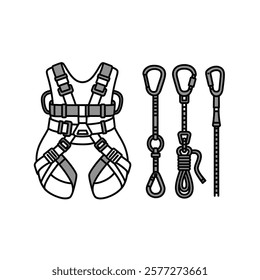 A Black and White Illustration of a Harness, Rope, and Other Items.