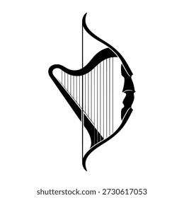 A black and white illustration of a harp, a stringed musical instrument, with curved neck and soundbox.