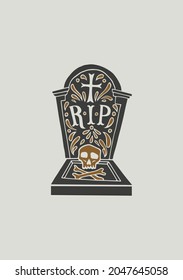 Black and white illustration with headstone and skull. Day of the Dead. Halloween. Drawing for souvenirs and tattoo
