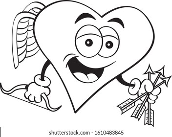 Black and white illustration of a heart cupid with a bow and holding arrows.