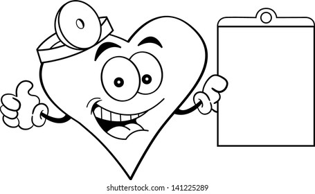 Black and white illustration of a heart holding a chart and giving thumbs up.