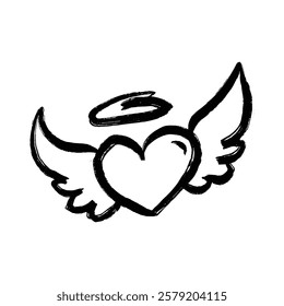 A black and white illustration of a heart with wings and a halo symbolizing divine love.