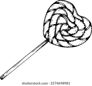 Black and white illustration of a heart-shaped twisted lollipop, drawn in a sketch style. Ideal for Valentine s Day, confectionery branding, bakery design. Great for cards, labels, or menus