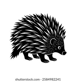 A black and white illustration of a hedgehog.