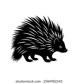 A black and white illustration of a hedgehog.