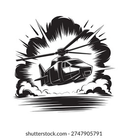 A black and white illustration of a helicopter in dynamic flight