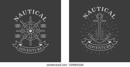 Black and white illustration of a helm banner with text and waves, anchor with rays. Vector illustration on a marine theme. Cruise Advertising