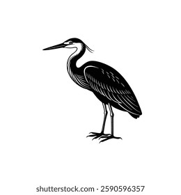 A black and white illustration of a heron bird with long legs and a slender beak