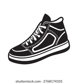 Black and white illustration of a hightop sneaker with laces and thick sole athletic footwear design