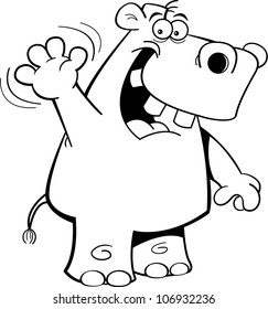 Black and white illustration of a hippo waving