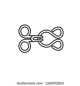 Black & white illustration of hook and eye closure. Bra fastener. Vector line icon. Isolated object on white background