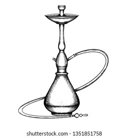 Black and white illustration of hookah with hatching. Vector engraving element for menu, cards and your design.