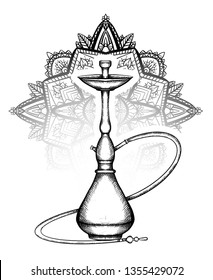 Black and white illustration of hookah with hatching and tracery black and white zen mandala. Vector engraving element for menu, cards and your design.