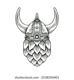 Ilustración en blanco y negro de lúpulo y casco vikingo