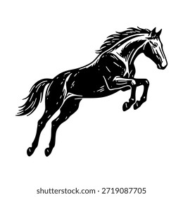 Ilustración en blanco y negro de un caballo saltando en el aire
