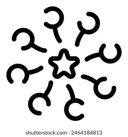 Black and white illustration of horseshoes arranged in a circle with a star at the center