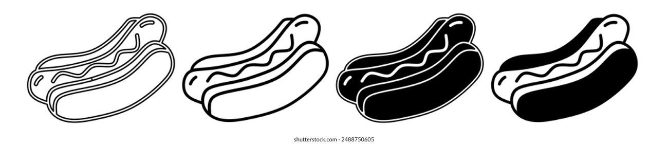 Black and white illustration of a hot dog. Hot dog icon collection with line. Stock vector illustration.